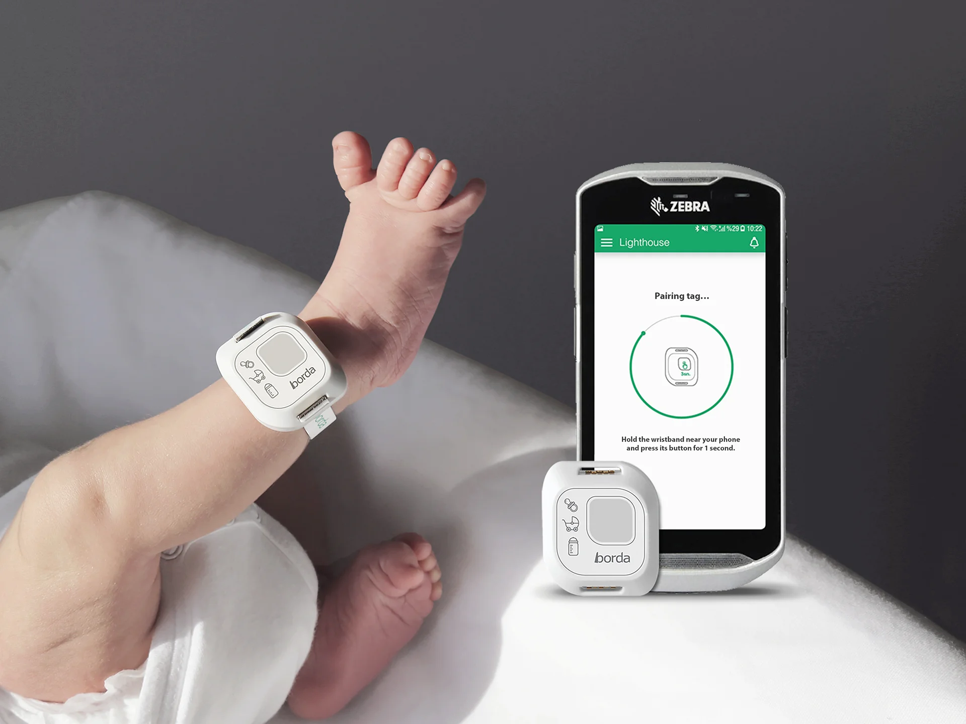 Infant Tag and Mother Tag baby safety tracking device for infants, designed by Formeta Design for Borda Technology