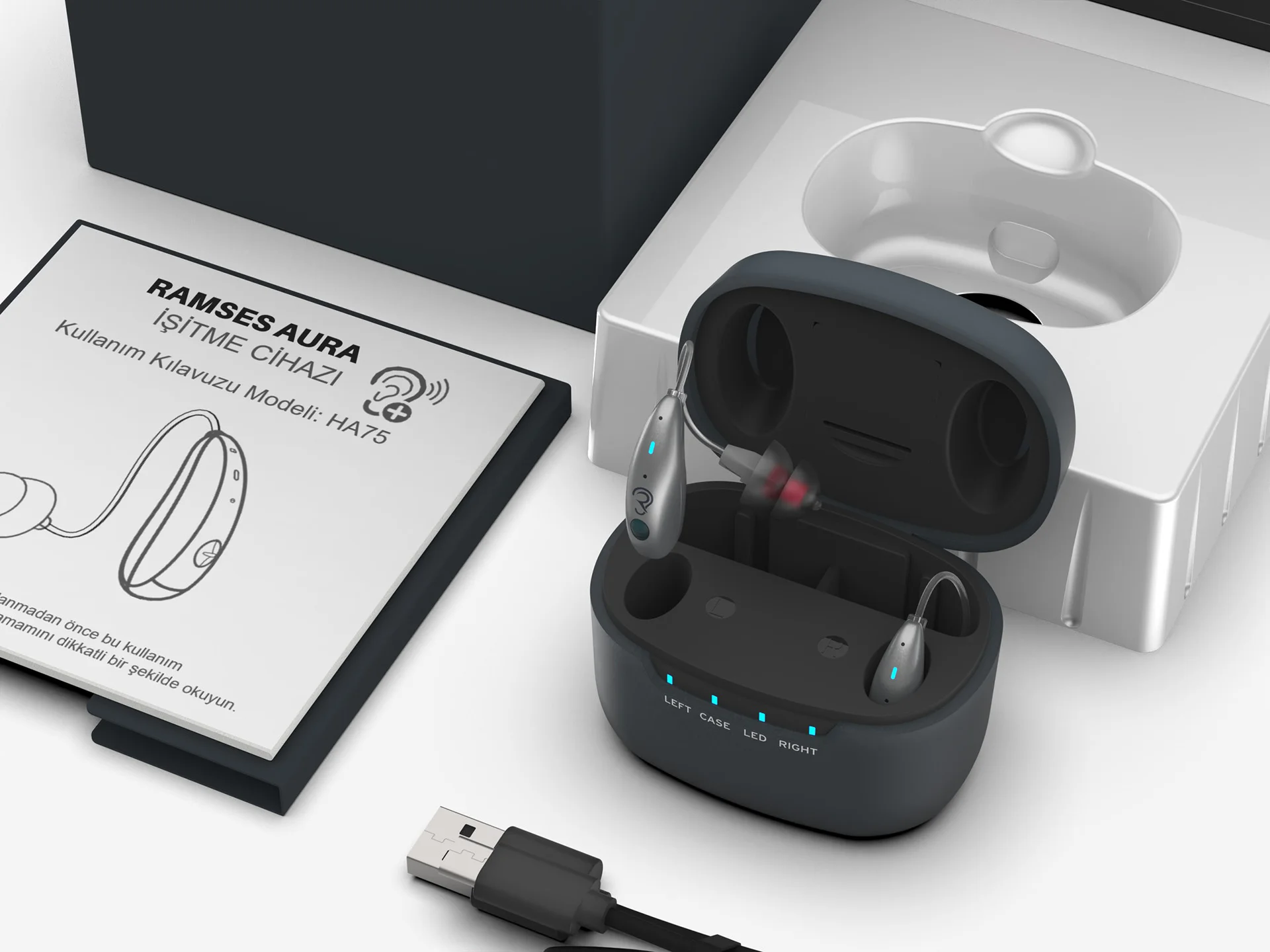 Aura hearing aid device designed by Formeta Design for Ramses Hearings