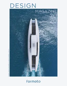 Top-down view of a white futuristic watercraft on the sea – Design Magazine 2020 cover