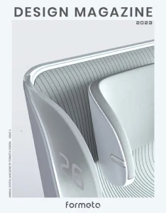 Futuristic public transport seat design in white and gray tones – Design Magazine 2023 cover