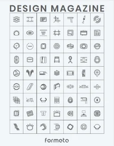 Cover of Formeta Design Magazine featuring a grid of 60+ minimalist icons