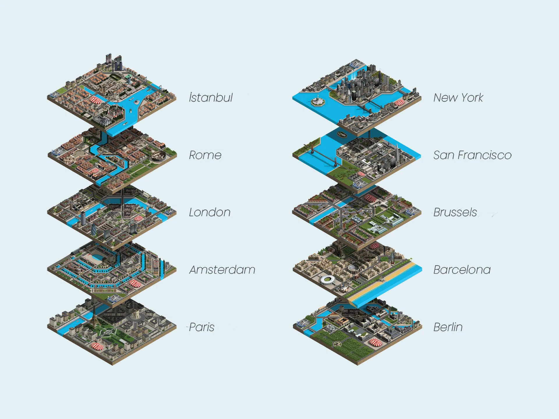 Devri Alem isometric city games designed by Formeta Design with illustrated storytelling approach