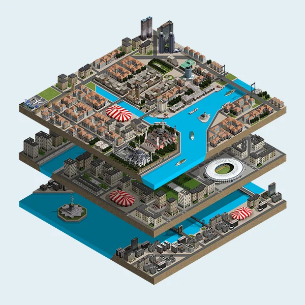 Devri Alem isometric city games designed by Formeta Design with illustrated storytelling approach