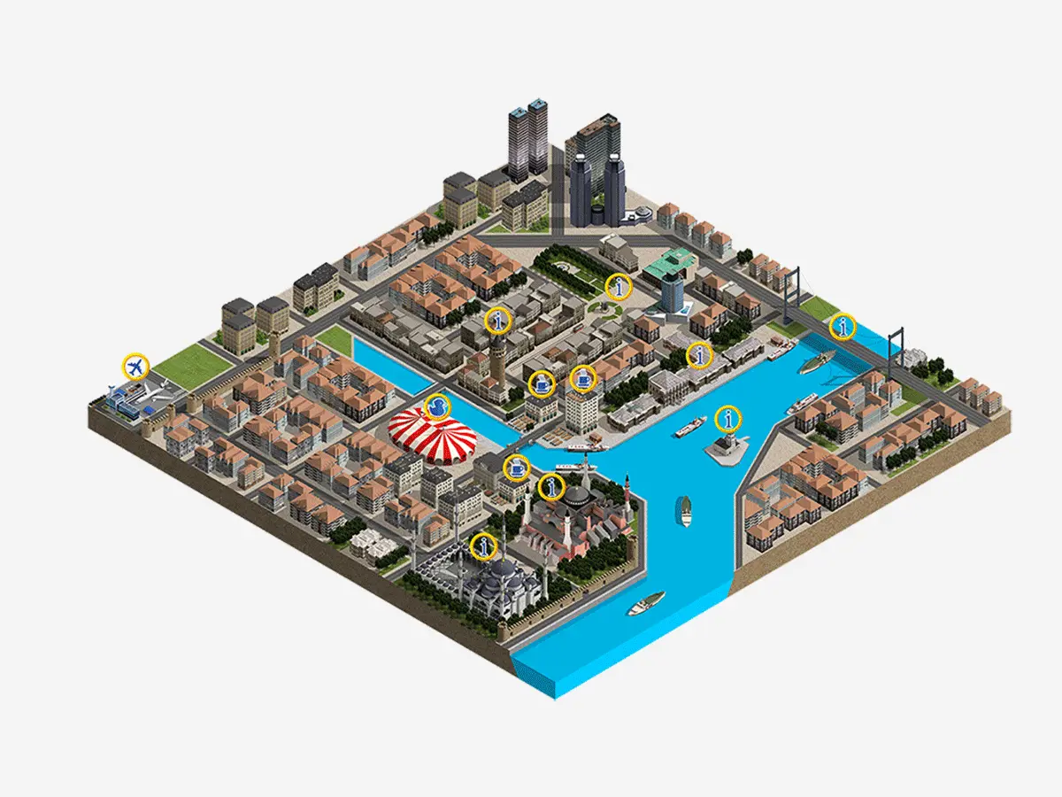 Devri Alem isometric city games designed by Formeta Design with illustrated storytelling approach