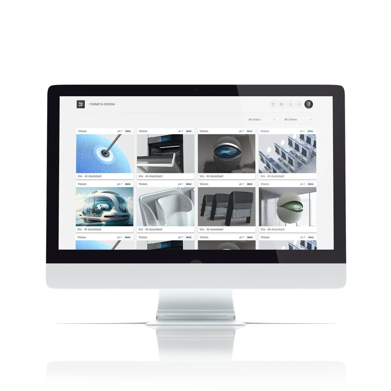 A computer screen displaying the Designlogger platform by Formeta Design, showing categorized project visuals and progress tracking tools.