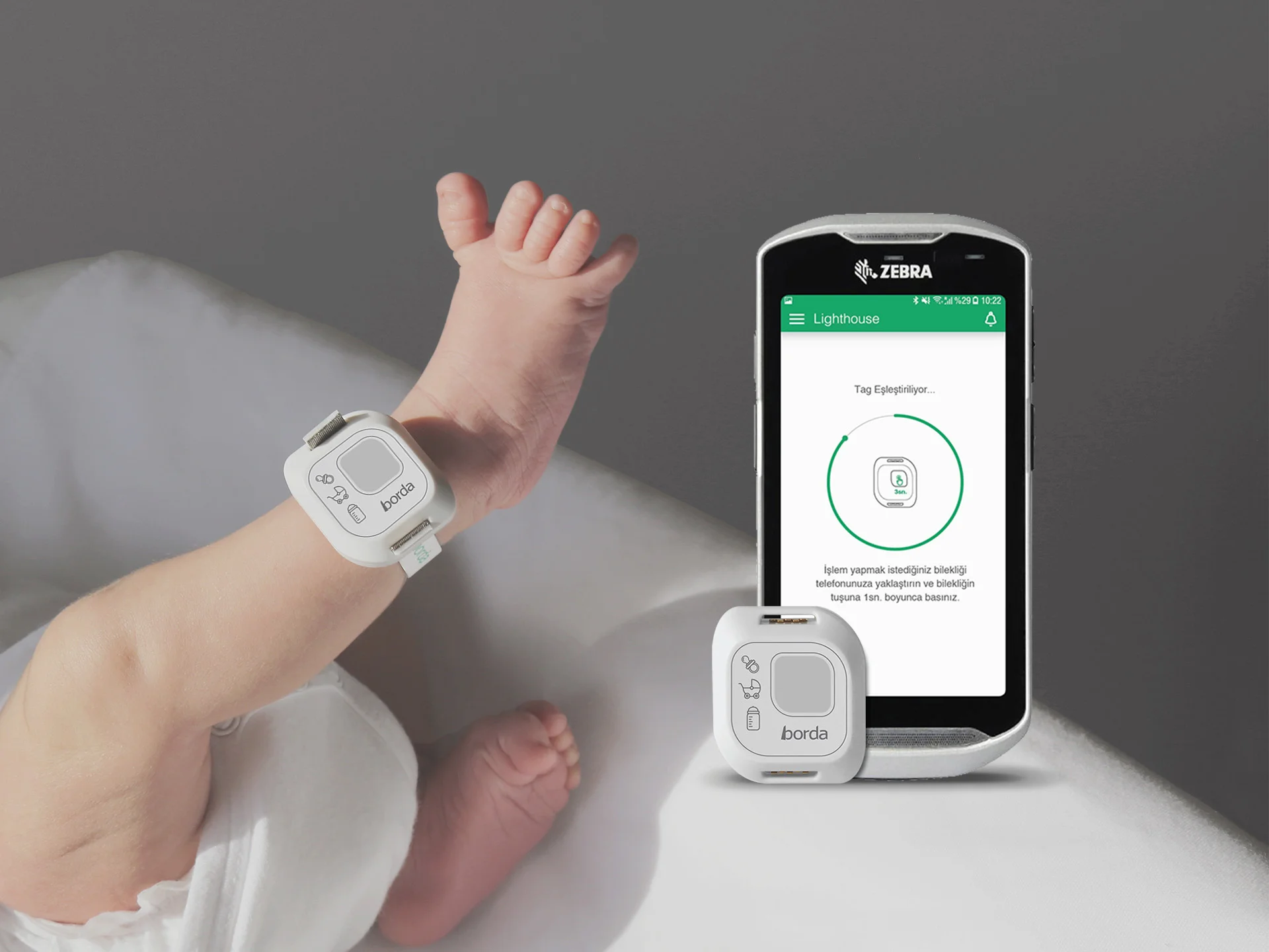 Infant Tag and Mother Tag baby safety tracking device for infants, designed by Formeta Design for Borda Technology