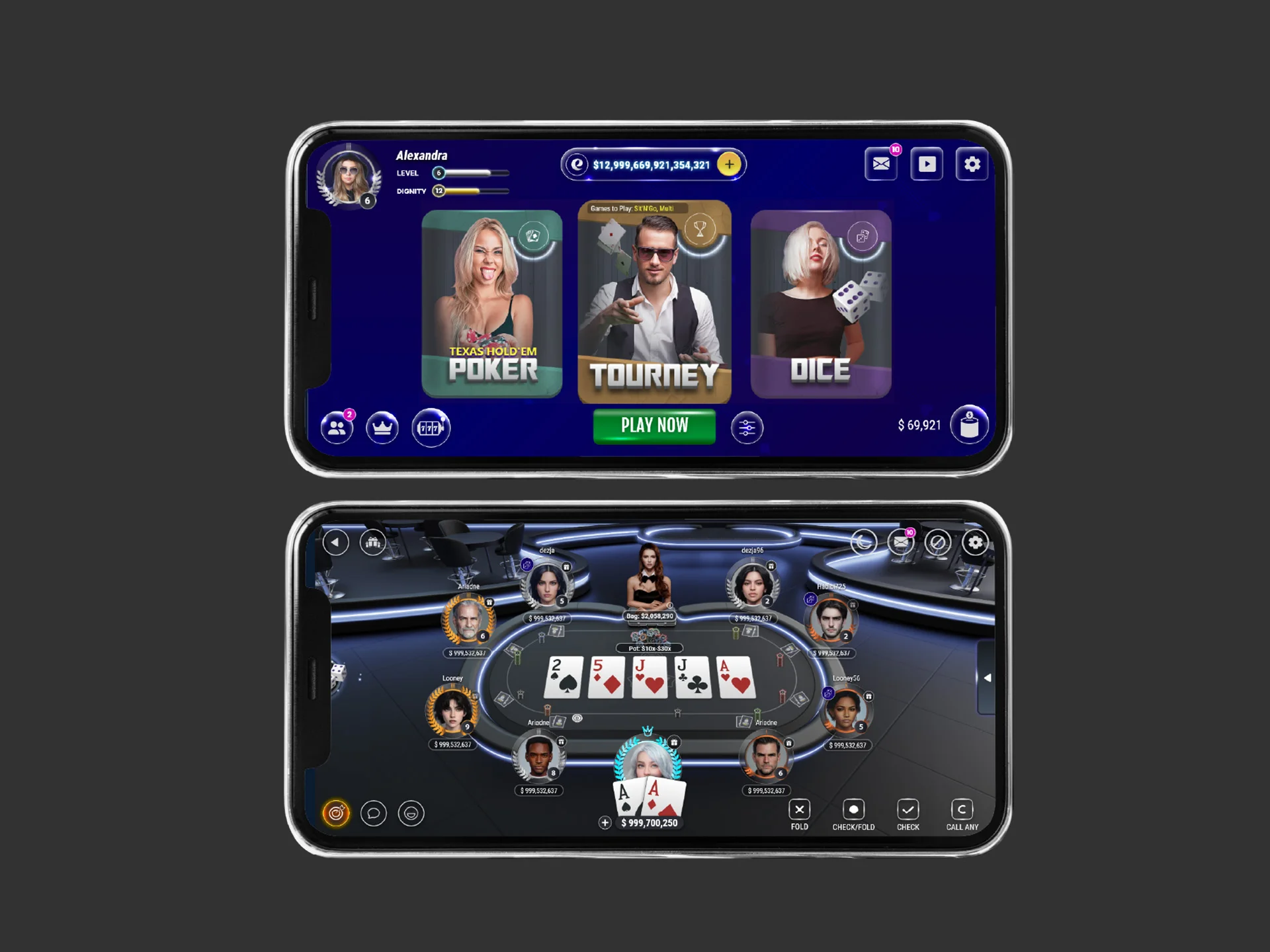 Ritzy Games Poker Game UX Interface designed by Formeta Design with playful identity system