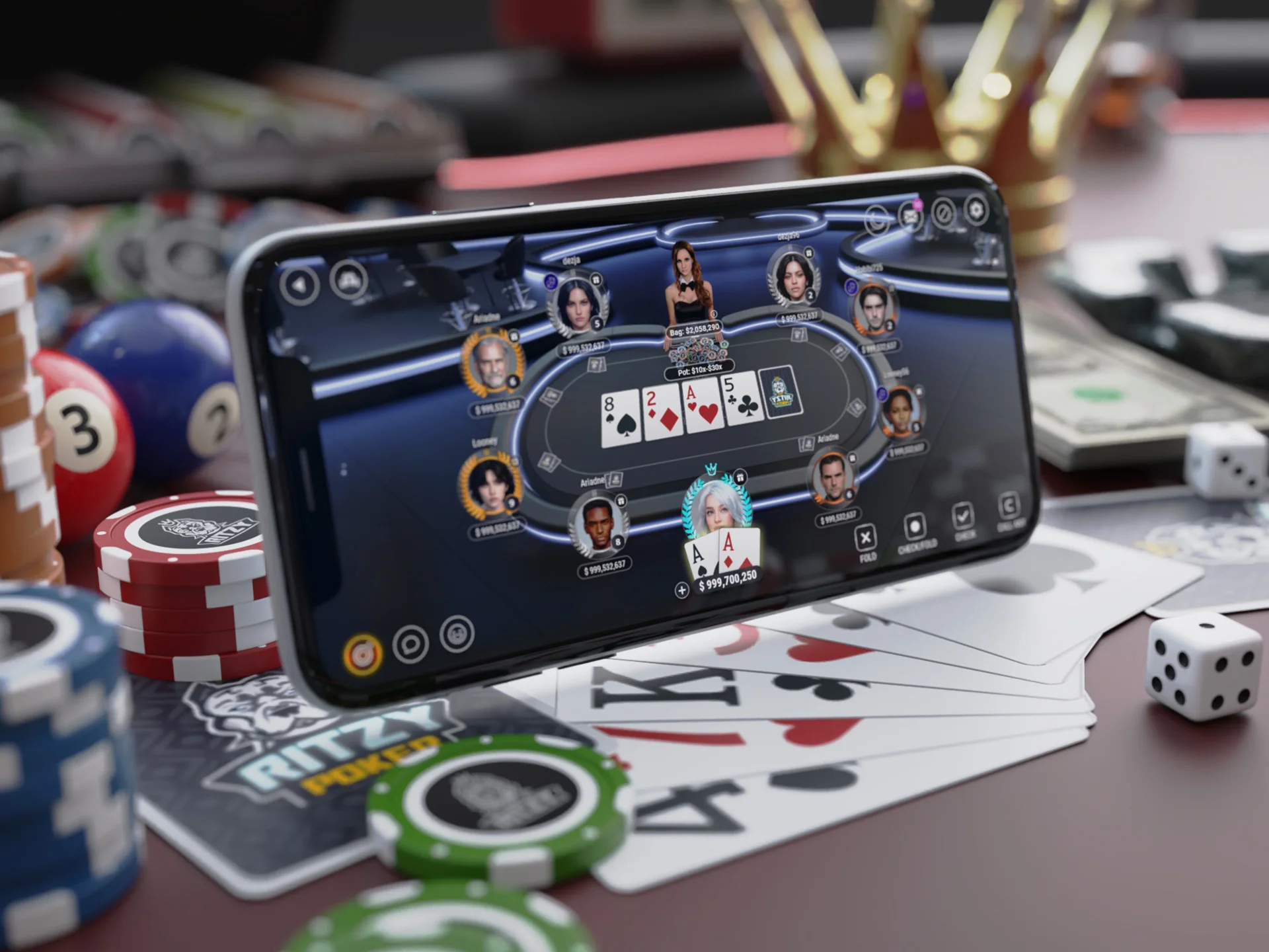 Ritzy Games Poker Game UX Interface designed by Formeta Design with playful identity system