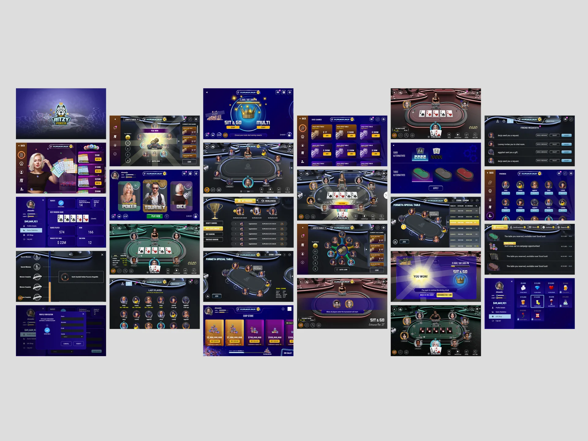Ritzy Games Poker Game UX Interface designed by Formeta Design with playful identity system