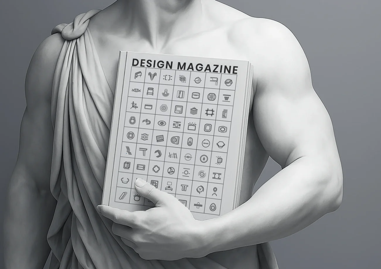 Neoclassical marble statue holding Formeta Design Magazine with a symbolic icon-based cover