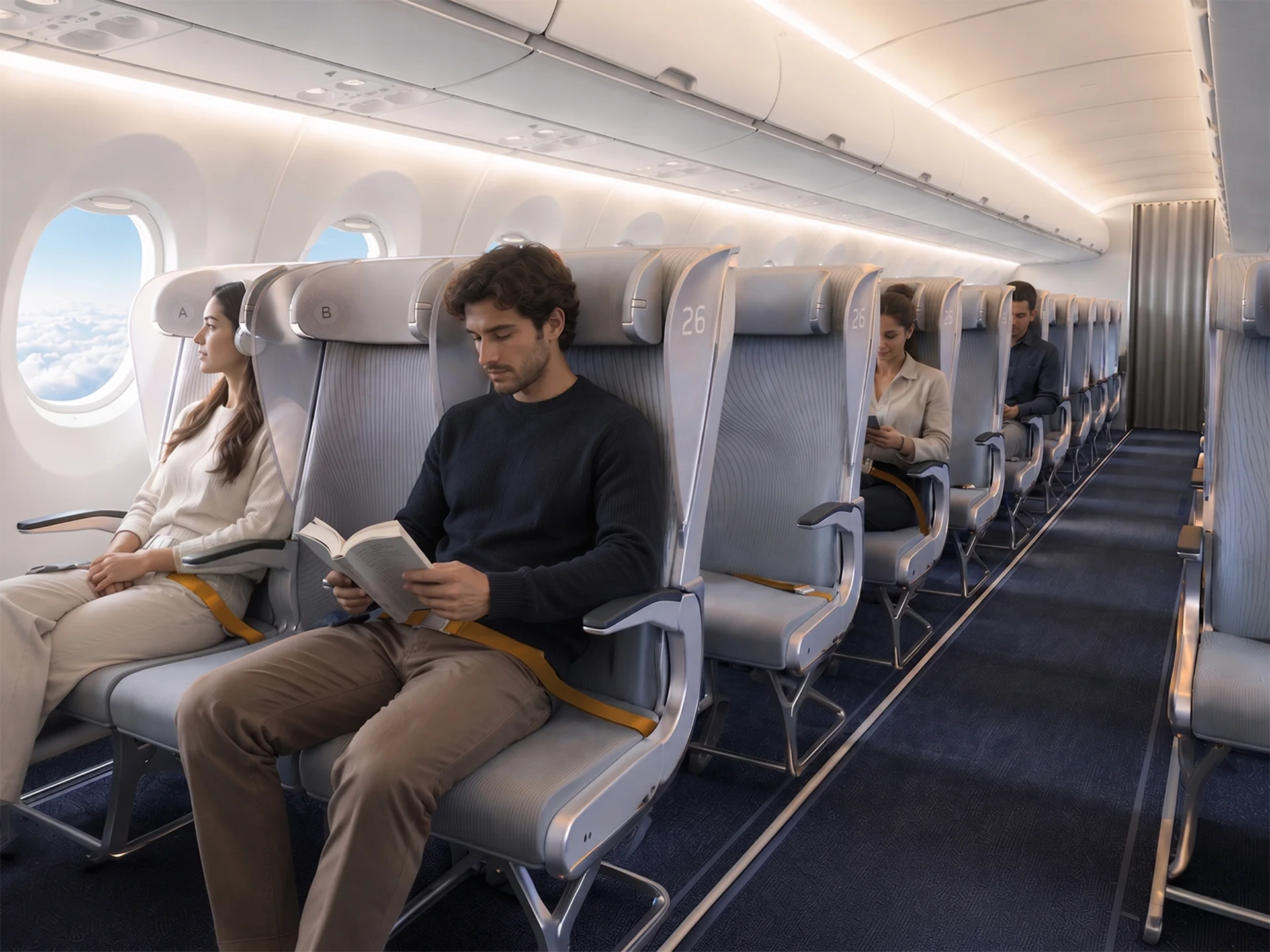 S-PRO plane seat design by Formeta Design, three-seat no-touch economy bench